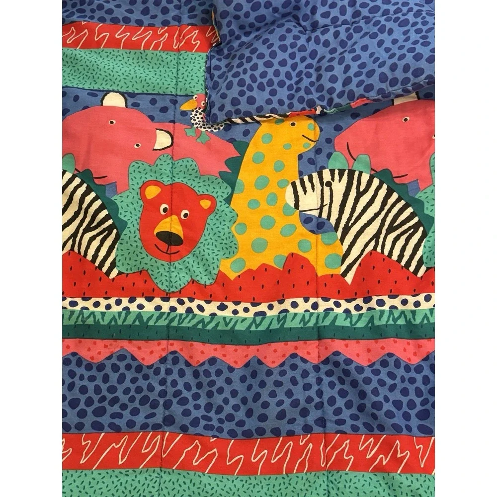 Twin Vintage 80's Quilt Comforter Zoo Safari Circus Animal Elephant Monkey 88x62